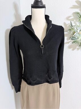 Kookai Puffy Sleeve Black Knit Quarter Zip Sweater, Open Knit Pattern